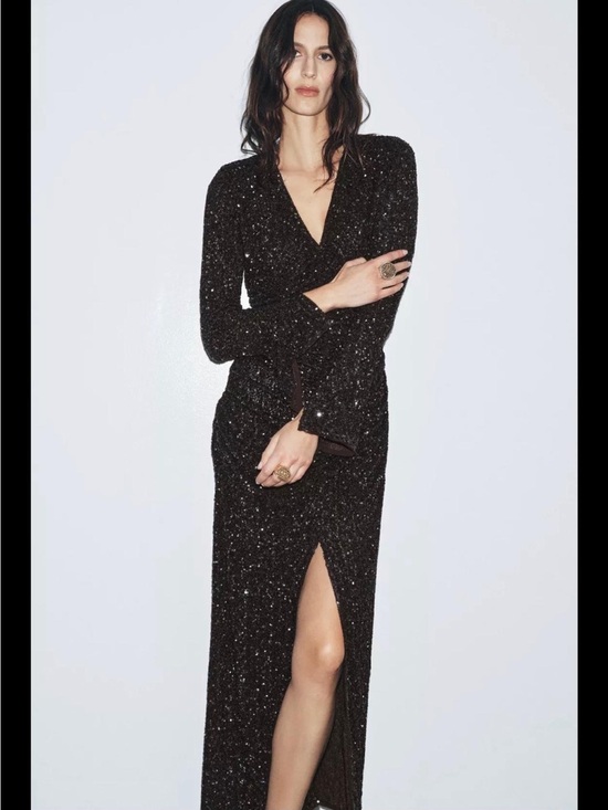 Zara Dresses & Skirts - Zara Black Sparkle Long Sleeve V-Neck Maxi Dress with Side Slit